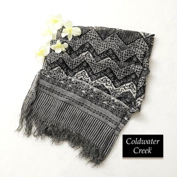 COLDWATER CREEK 100% Pure Silk Rect. Scarf Black White Grey Geo Floral Unisex - Picture 4 of 12